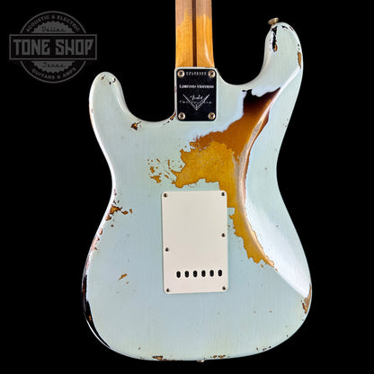 Back of Used 2020 Fender Custom Shop '56 Stratocaster Sonic Blue Over 3 Tone Sunburst.