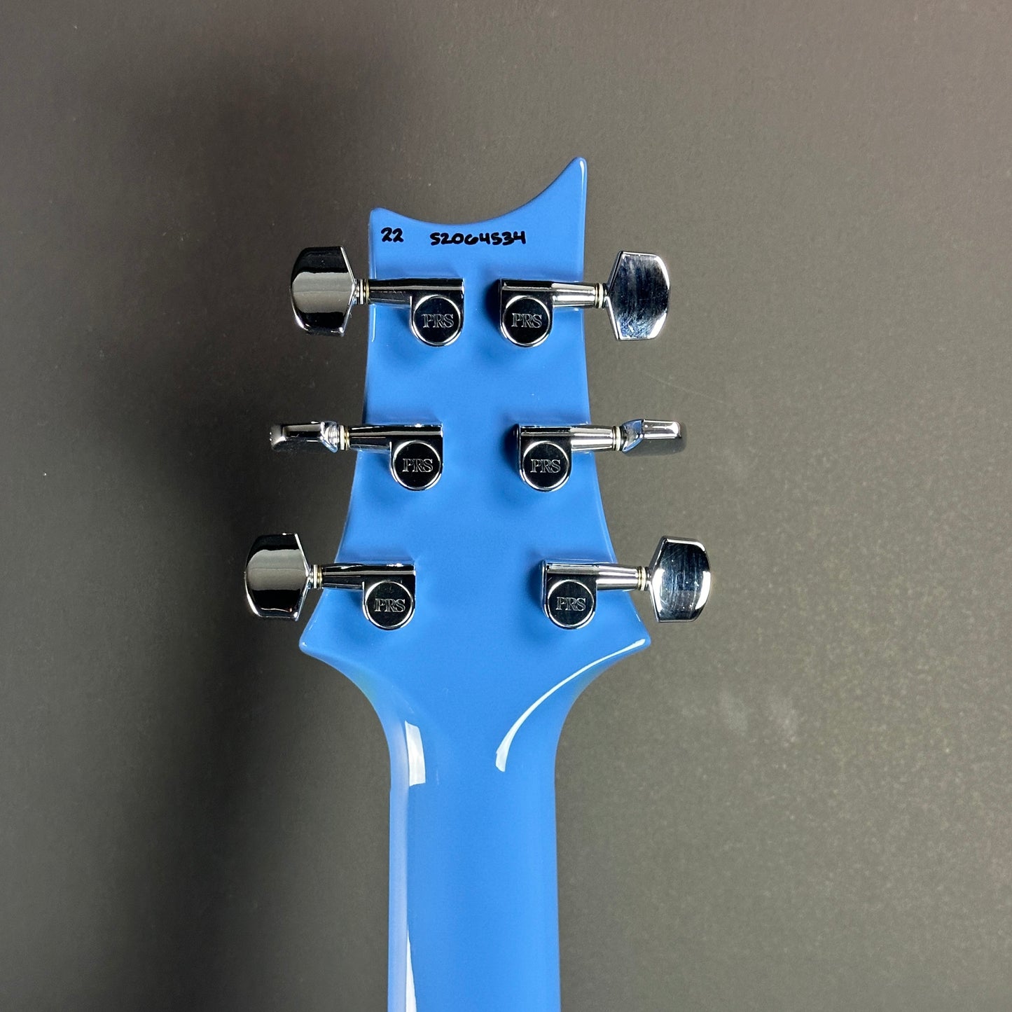 Back of headstock of Used PRS S2 Standard 24 Mahi Blue.