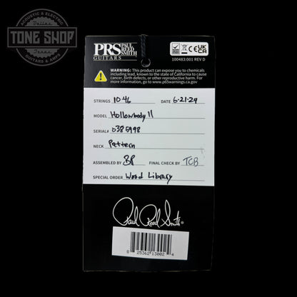 Hang tag for PRS Wood Library Hollowbody II Piezo 10-top Blue Fade Braz RW.