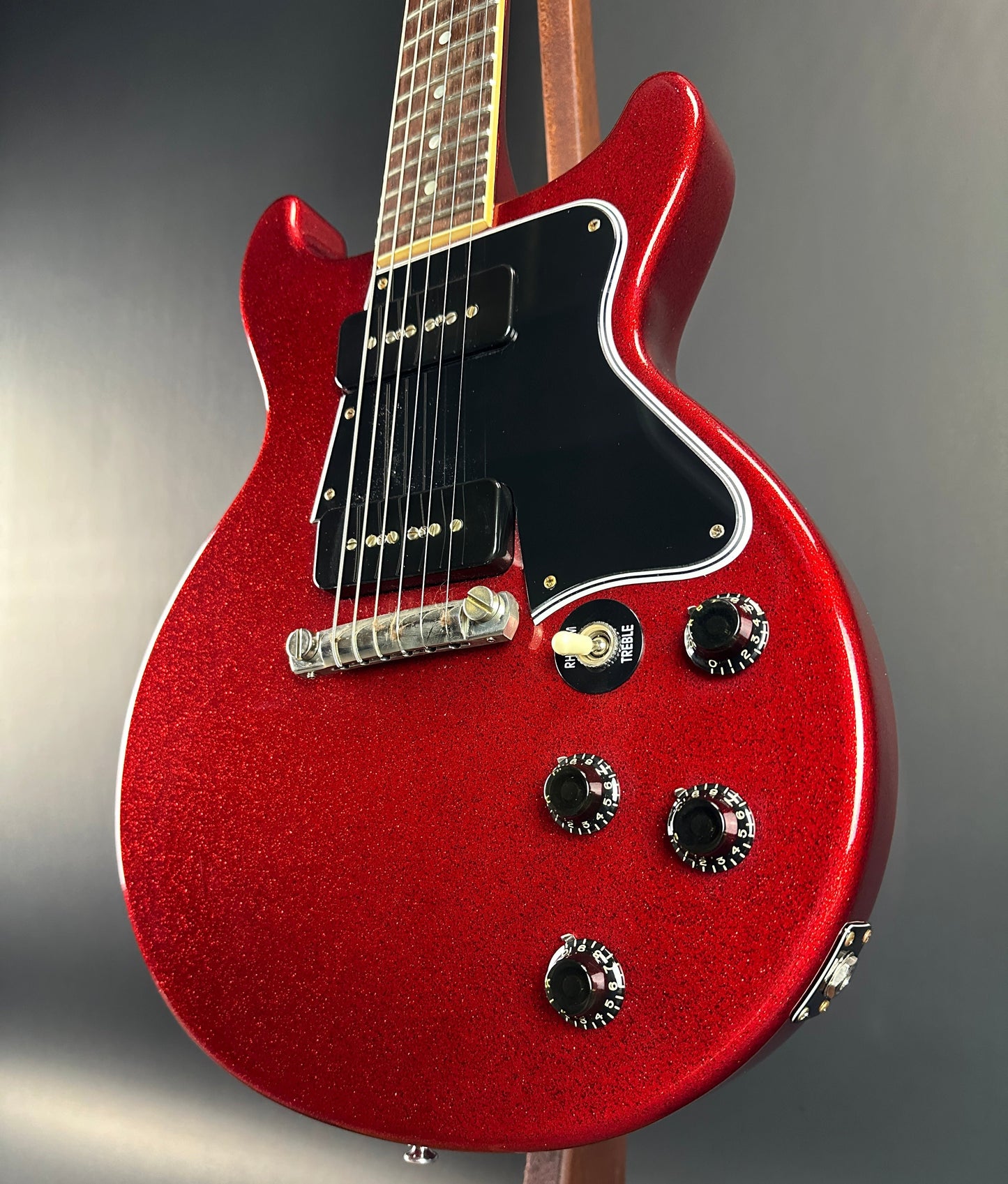 Front angle of Used Gibson Custom Shop M2M 1960 Les Paul Special Double Cut Red Sparkle.