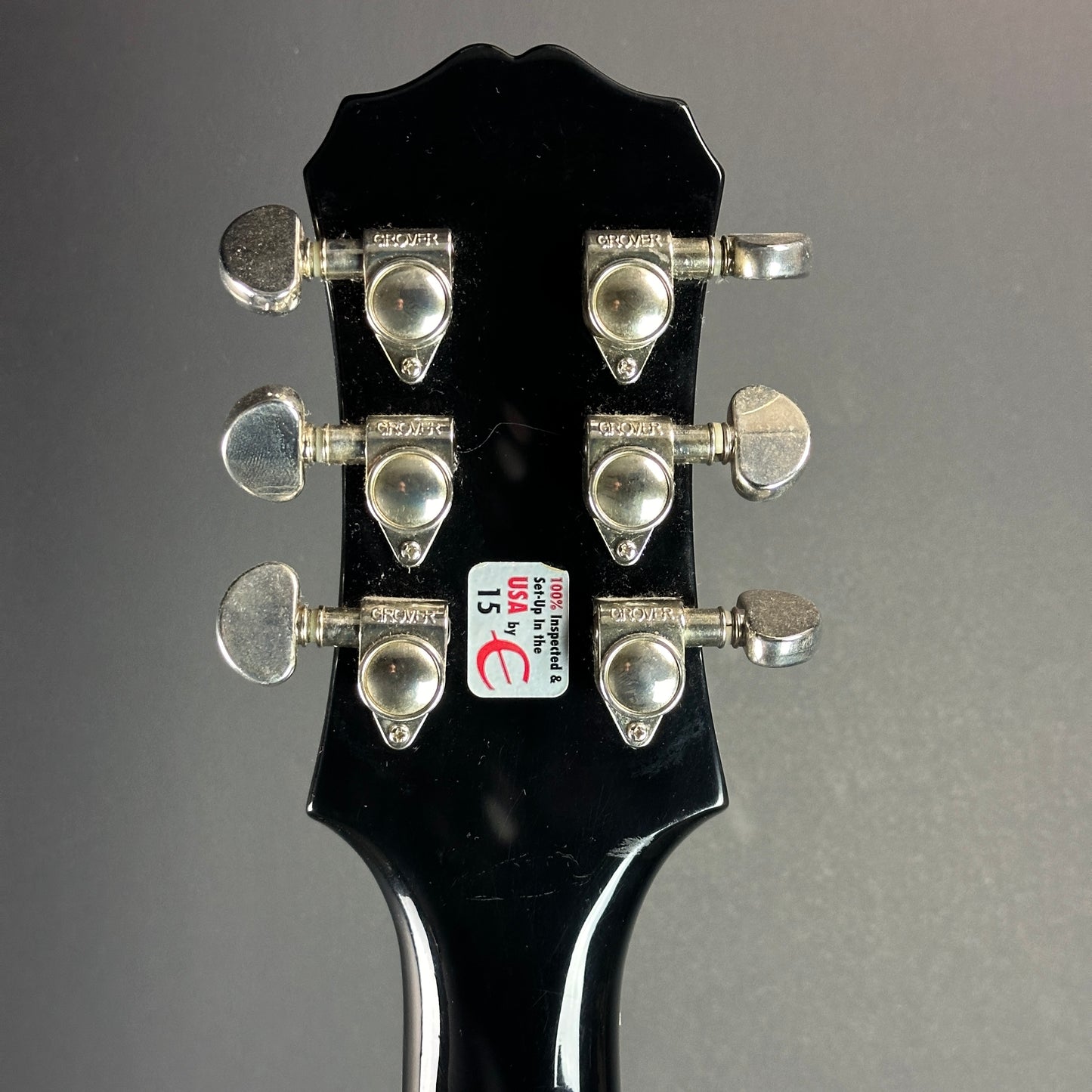 Back of headstock of Used Epiphone Les Paul 1960 Tribute Plus Burst.