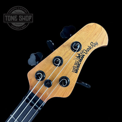 Front of headstock of Used Ernie Ball Musicman DarkRay 4 Obsidian.