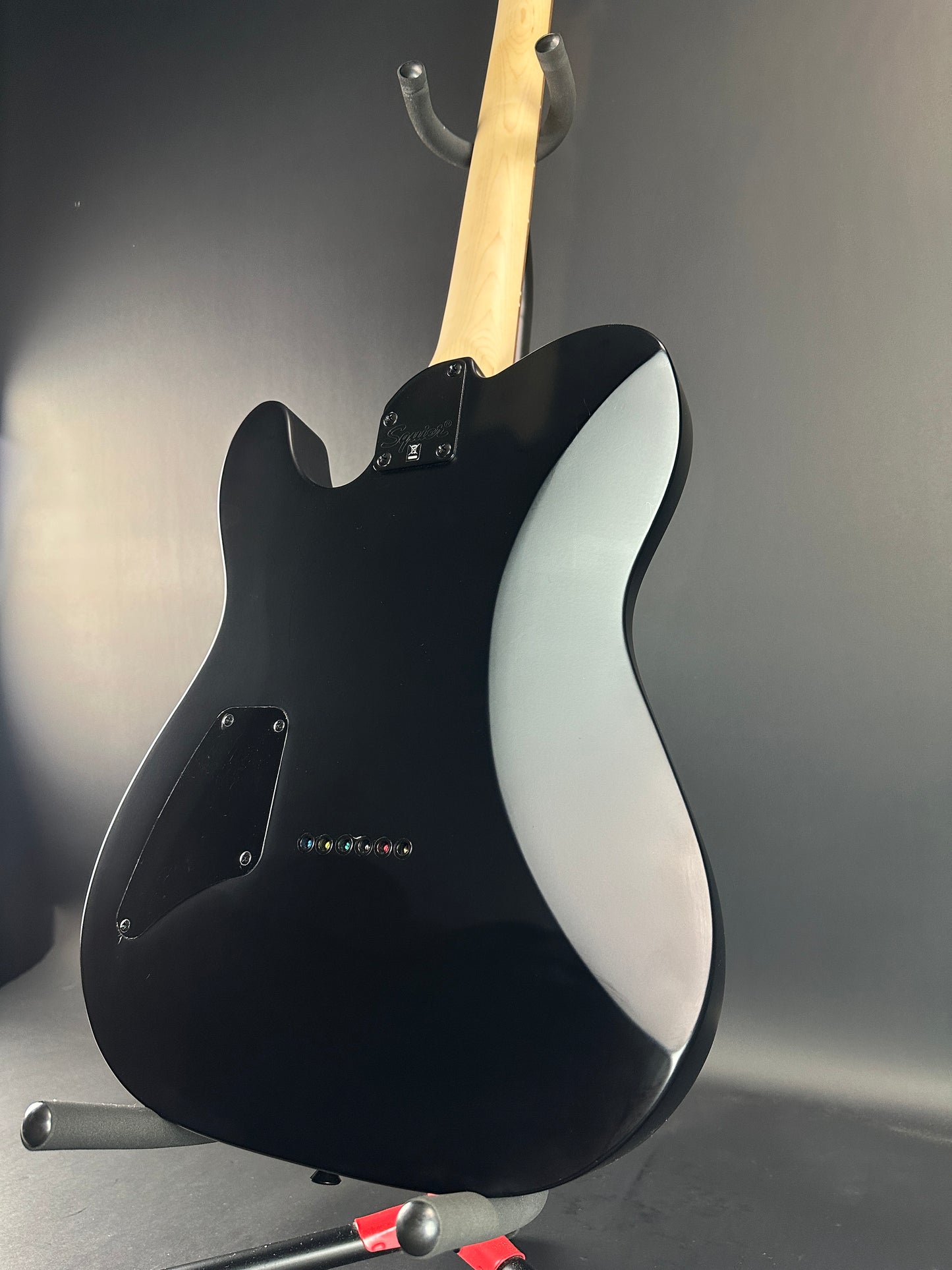 Back angle of Used Squier Jim Root Tele Black.