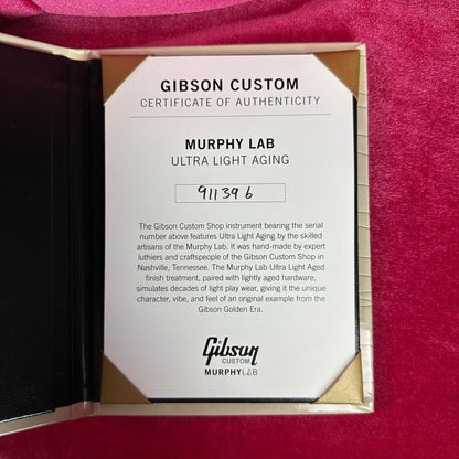 Certificate of authenticity for Used Gibson Custom Shop M2M 1959 Les Paul Standard Reissue Chambered Golden Poppy Ultra Light Murphy Aged.