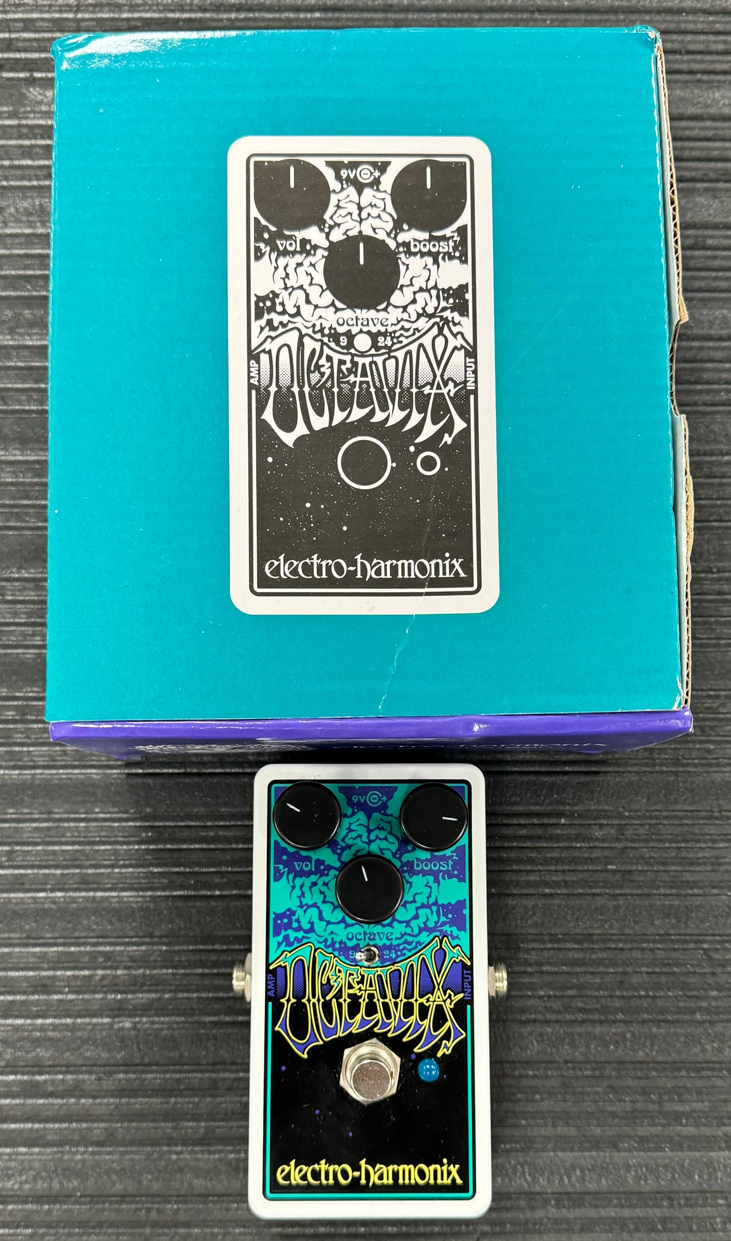 Top of with box of Used EHX Electro Harmonix Octavix Octave Fuzz w/ Power Supply w/box