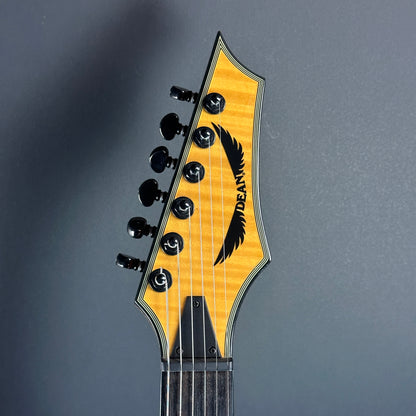 Front of headstock of Used Dean Vendetta Amber.