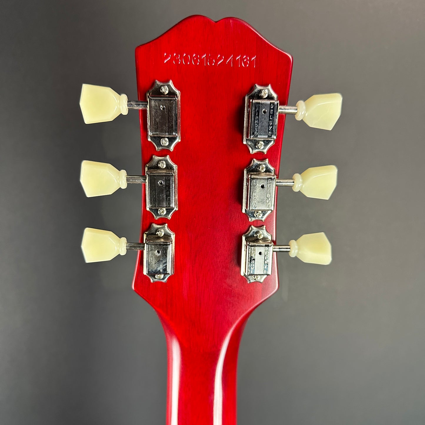 Back of headstock of Used Epiphone '59 Les Paul Lemonburst.