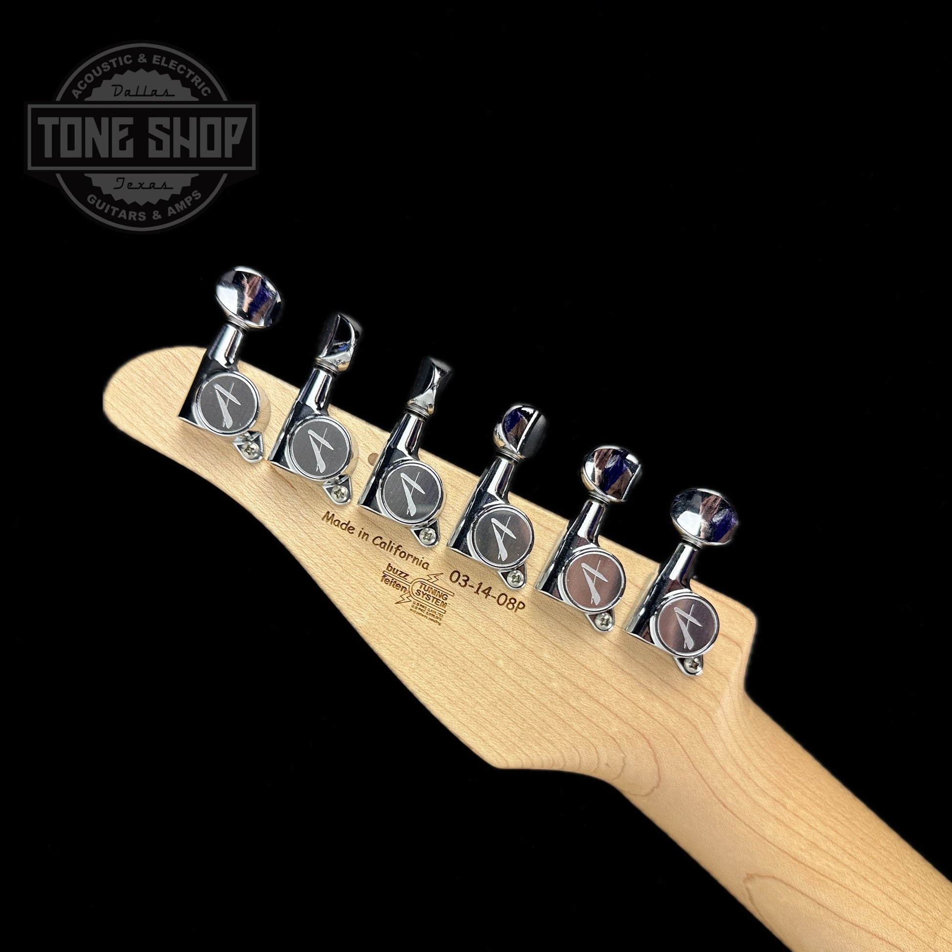 Back of headstock of Used 2008 Tom Anderson Drop Top Classic Natural Honey Burst.