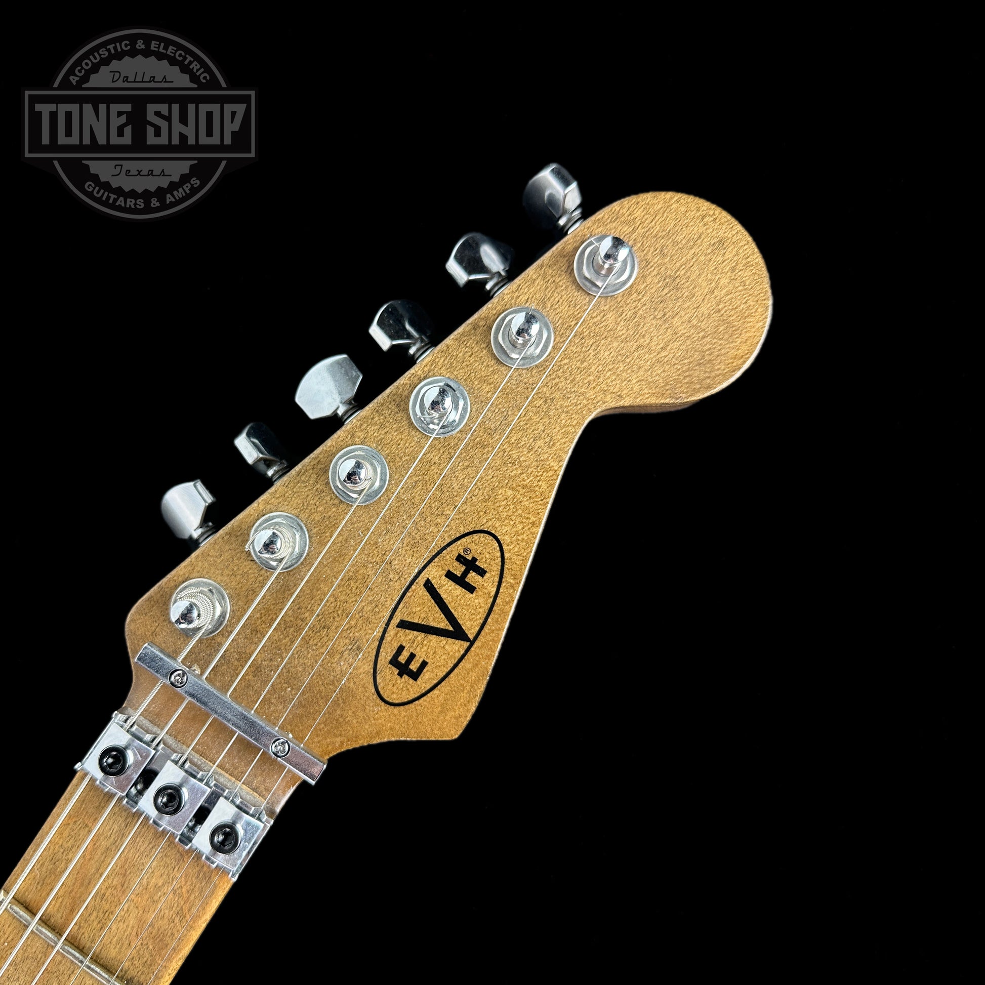 Front of headstock of Used EVH Striped Series Frankie Relic.