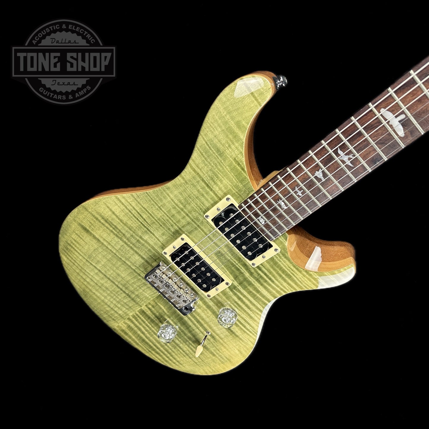 Front angle of Used PRS SE Custom 24 Trampas Green.