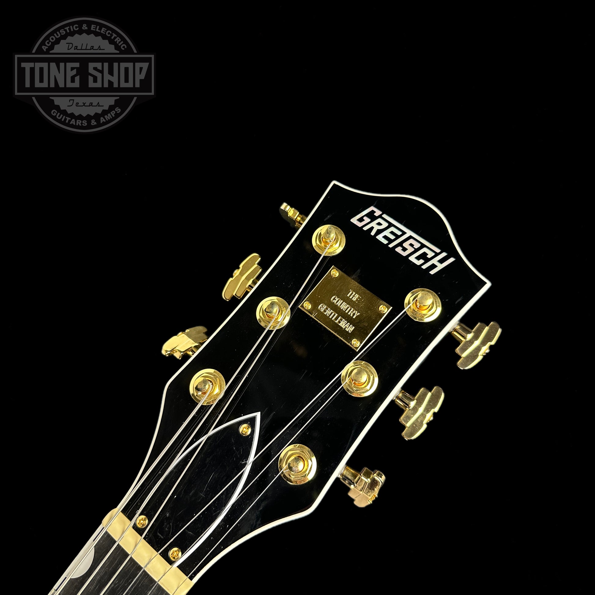 Front of headstock of Used Gretsch Country Gentleman Player G6122TG.