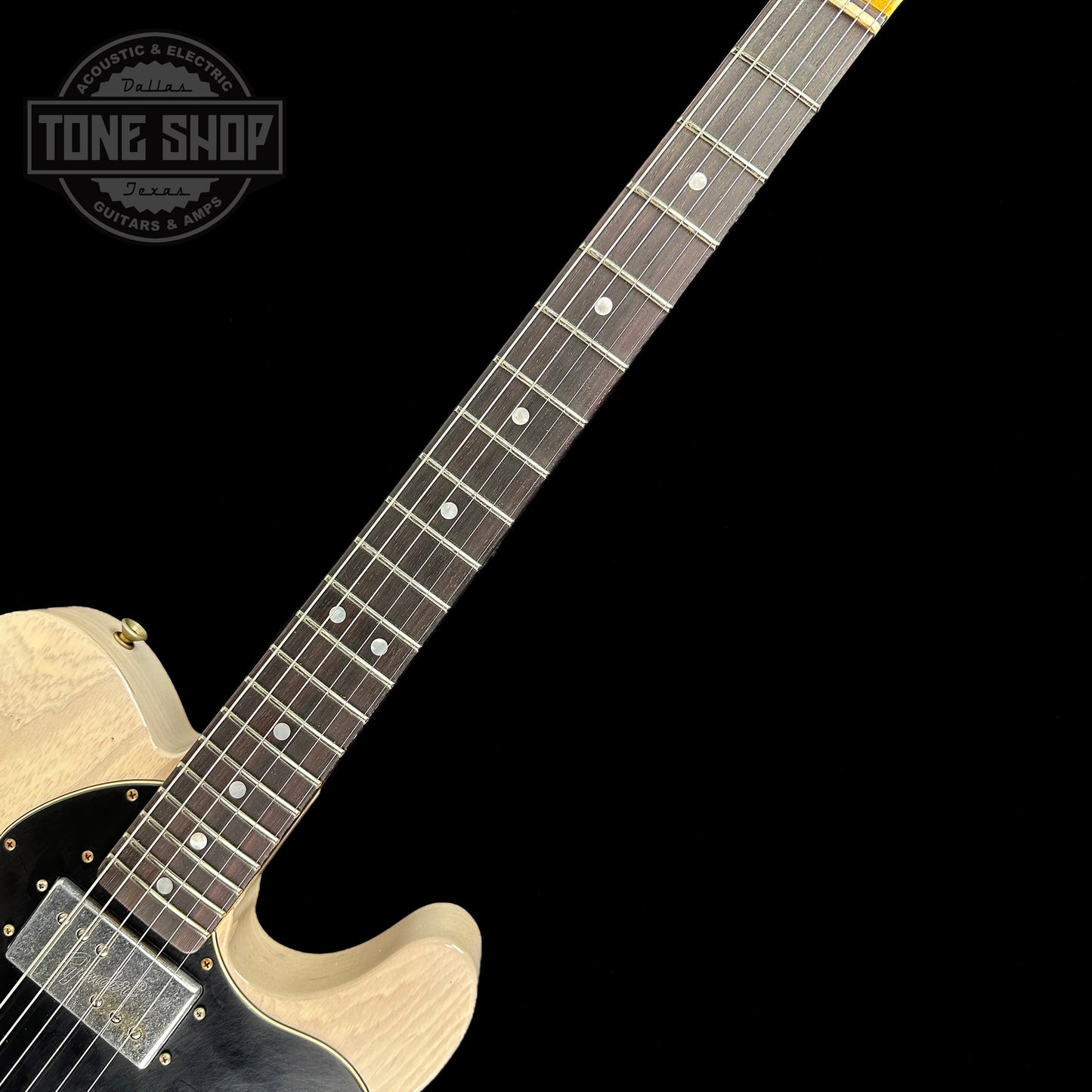 Fretboard of Fender Custom Shop Limited Edition 'Bobbed" Tele Thinline Relic Aged White Blonde.