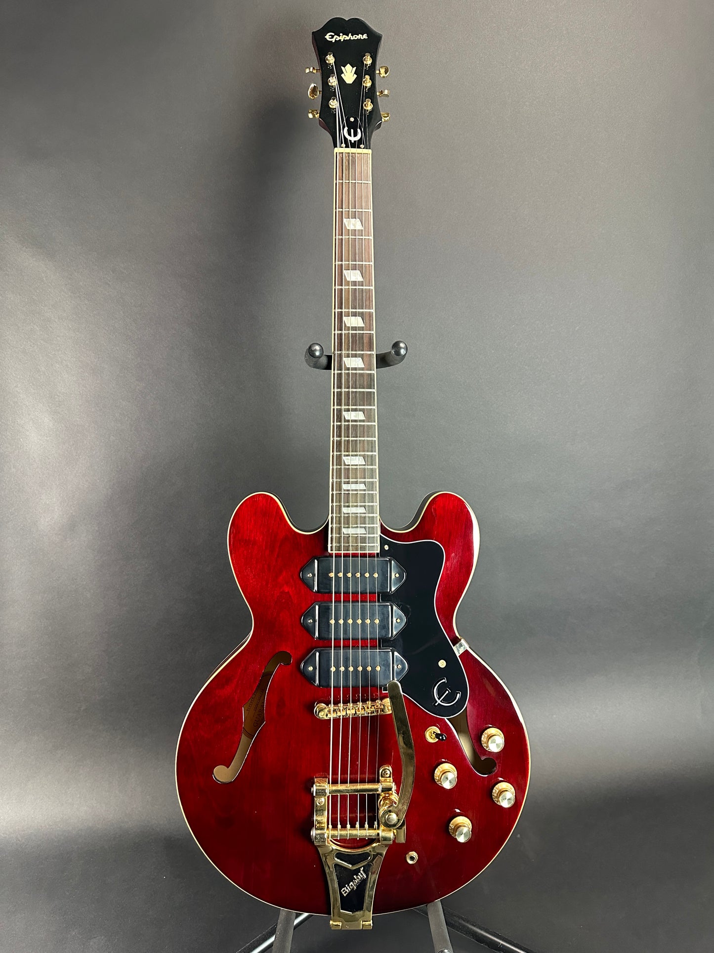 Full front of Used Epiphone Riviera P93 Wine Red.