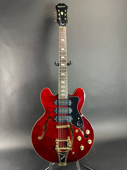 Full front of Used Epiphone Riviera P93 Wine Red.