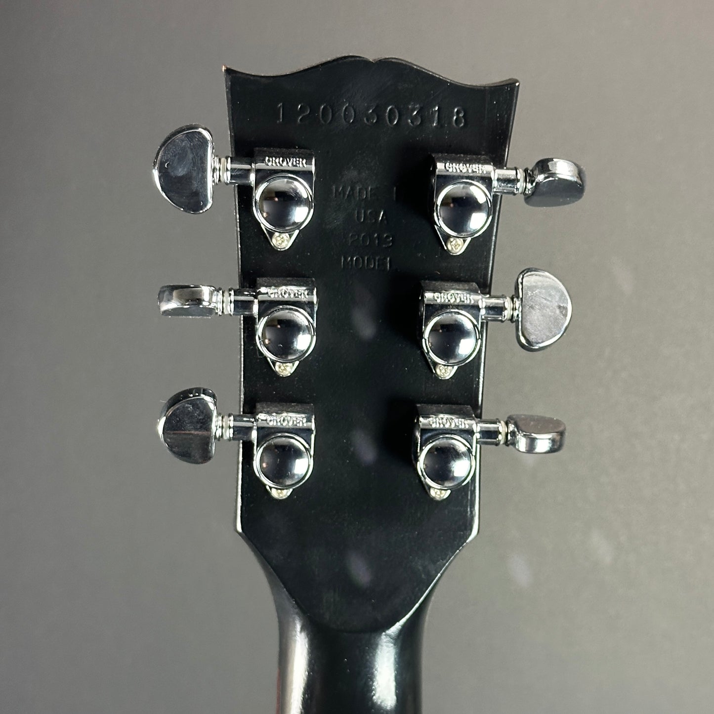 Back of headstock of Used Gibson SG 70's Tribute Black.