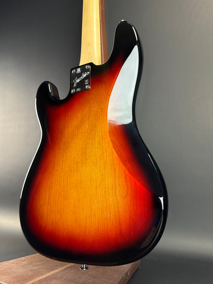 Back angle of Used 2013 Fender American Performer P Bass Sunburst.