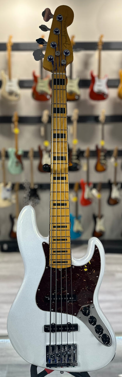 Full front of Used 2023 Fender American Ultra Jazz Bass V Artic Pearl w/case TSS4530