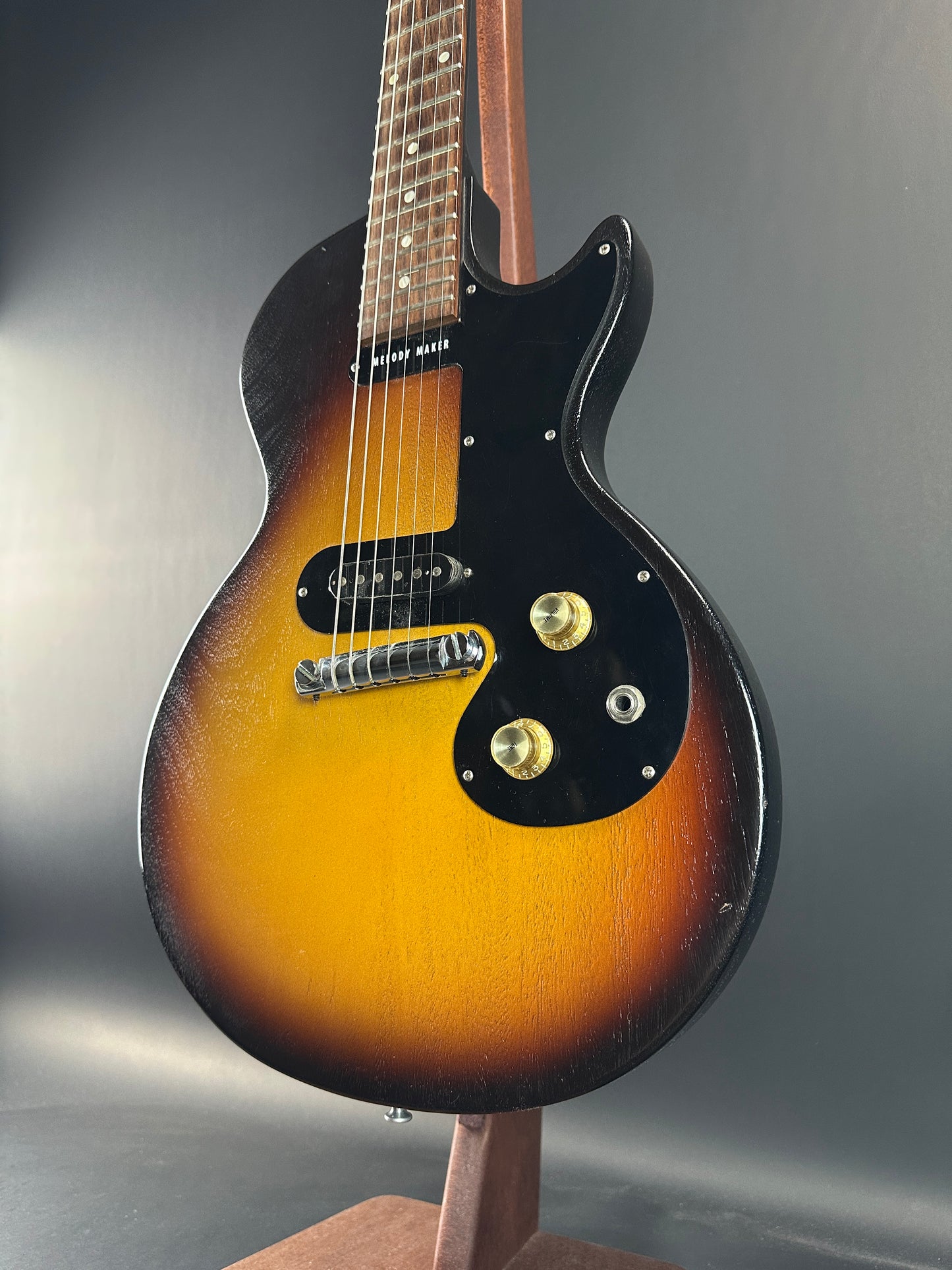 Front angle of Used Gibson Melody Maker Sunburst.