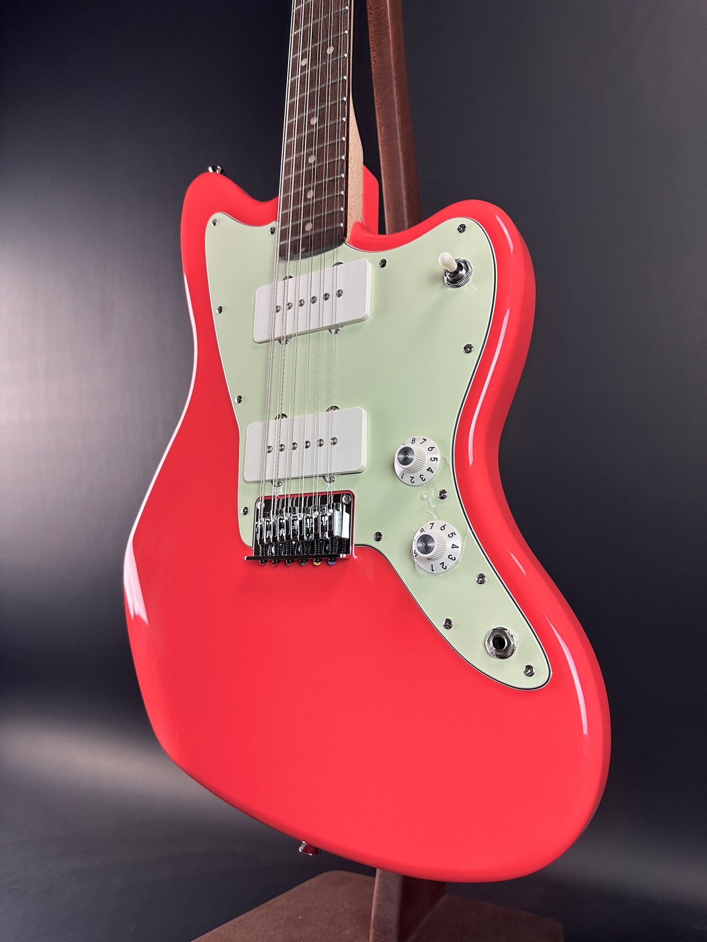 Front angle of Used Squier Paranormal Jazzmaster XII Fiesta Red.