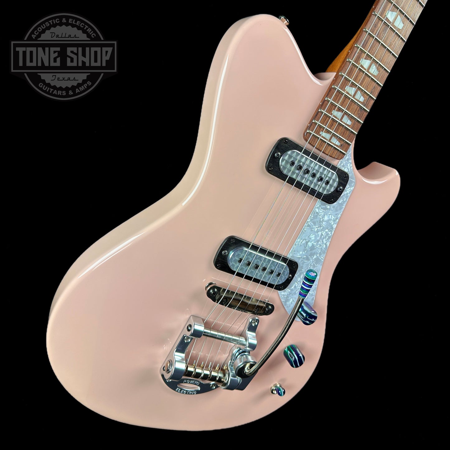 Front angle of Powers Electric A-Type Cochon Pink FF42 Pearl Ebony Cool CamTail.