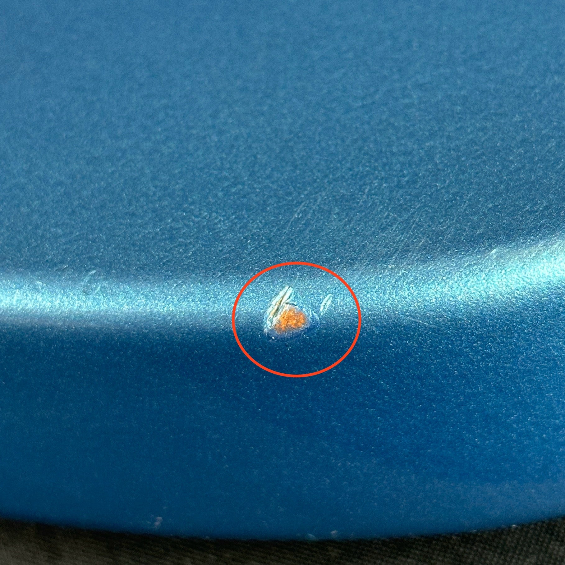 Chip on back edge of Used Gibson Non-Reverse Firebird Pelham Blue.