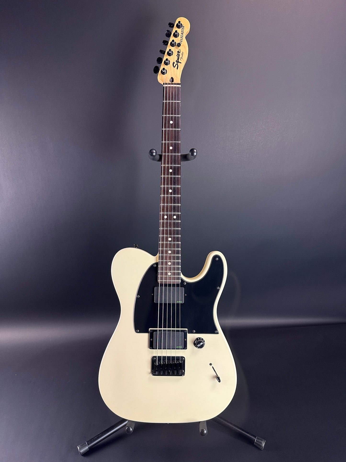 Full front of Used Squier Jim Root Tele White.