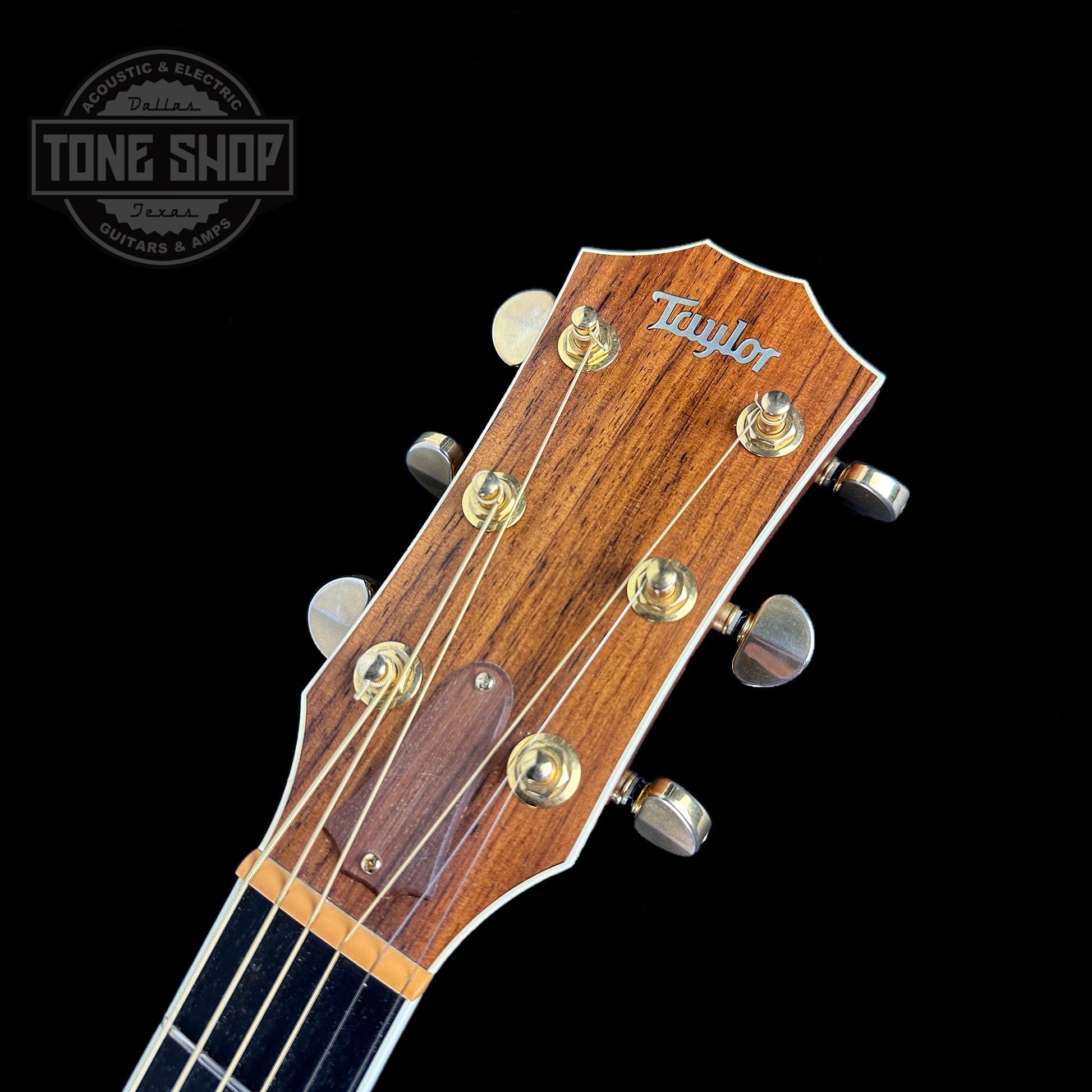 Front of headstock of Used Taylor 814ce Natural.