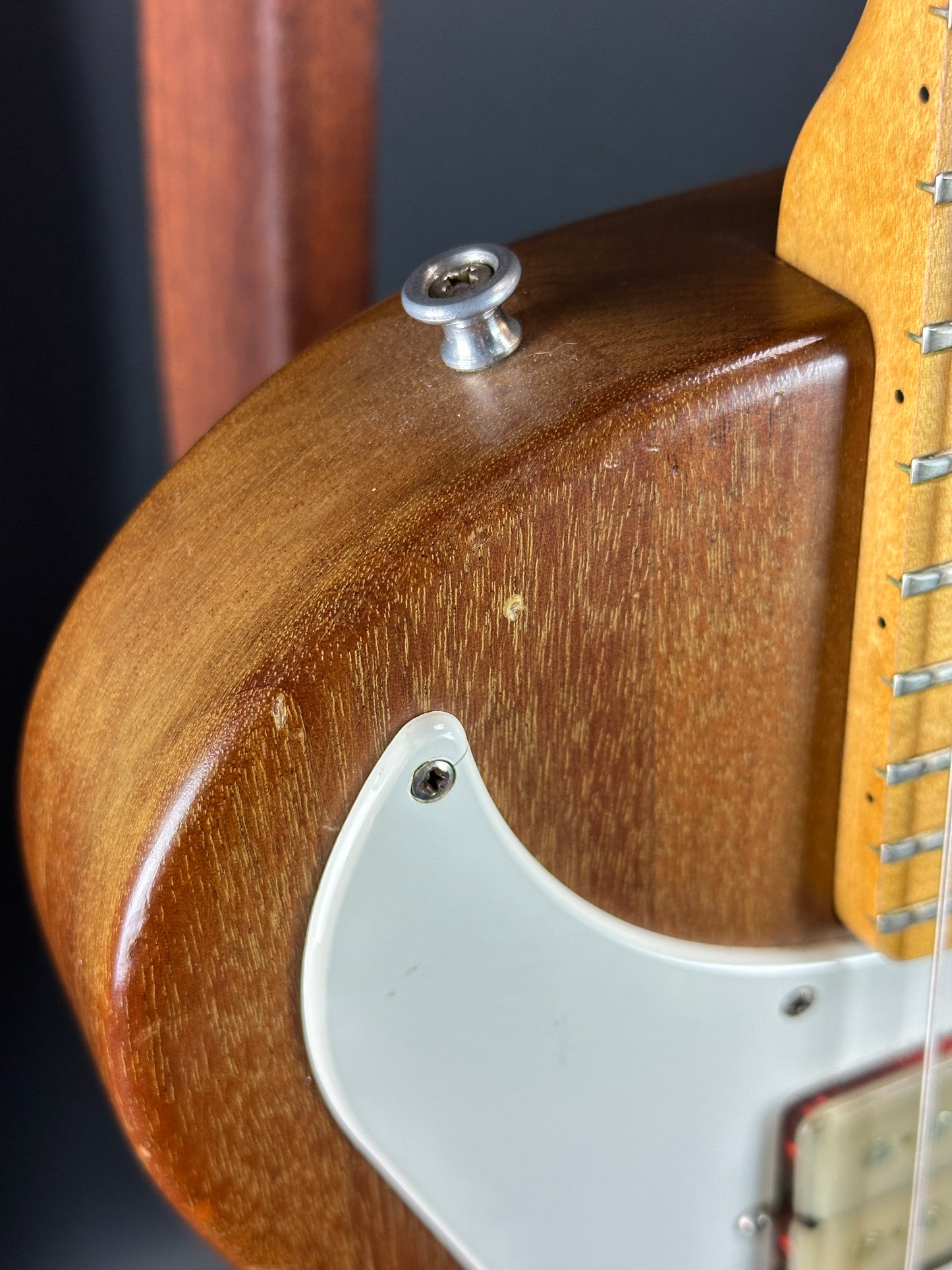 Wear near strap button of Vintage 1978 Gibson Marauder Natural.