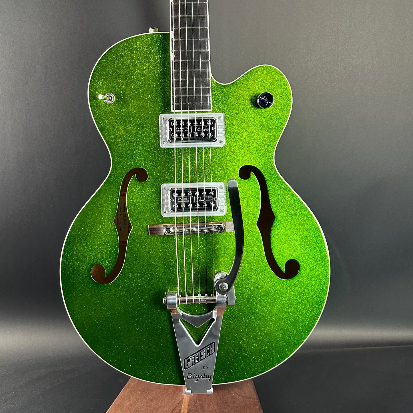 Front of Used Gretsch G6120T Brian Setzer Signature Hot Rod Extreme Coolant Green.