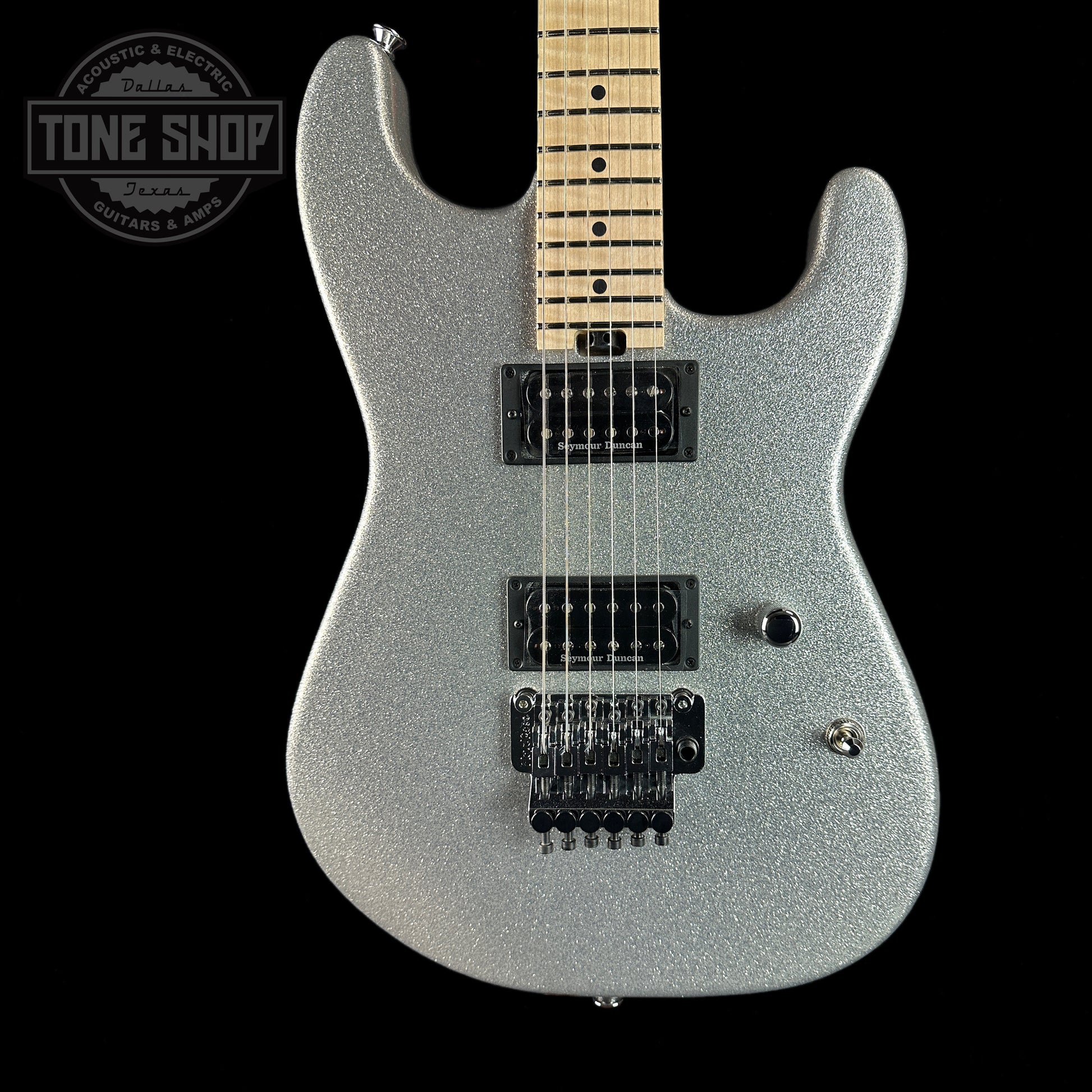 Front of Charvel Custom Shop SD 2H FR Silver Sparkle.