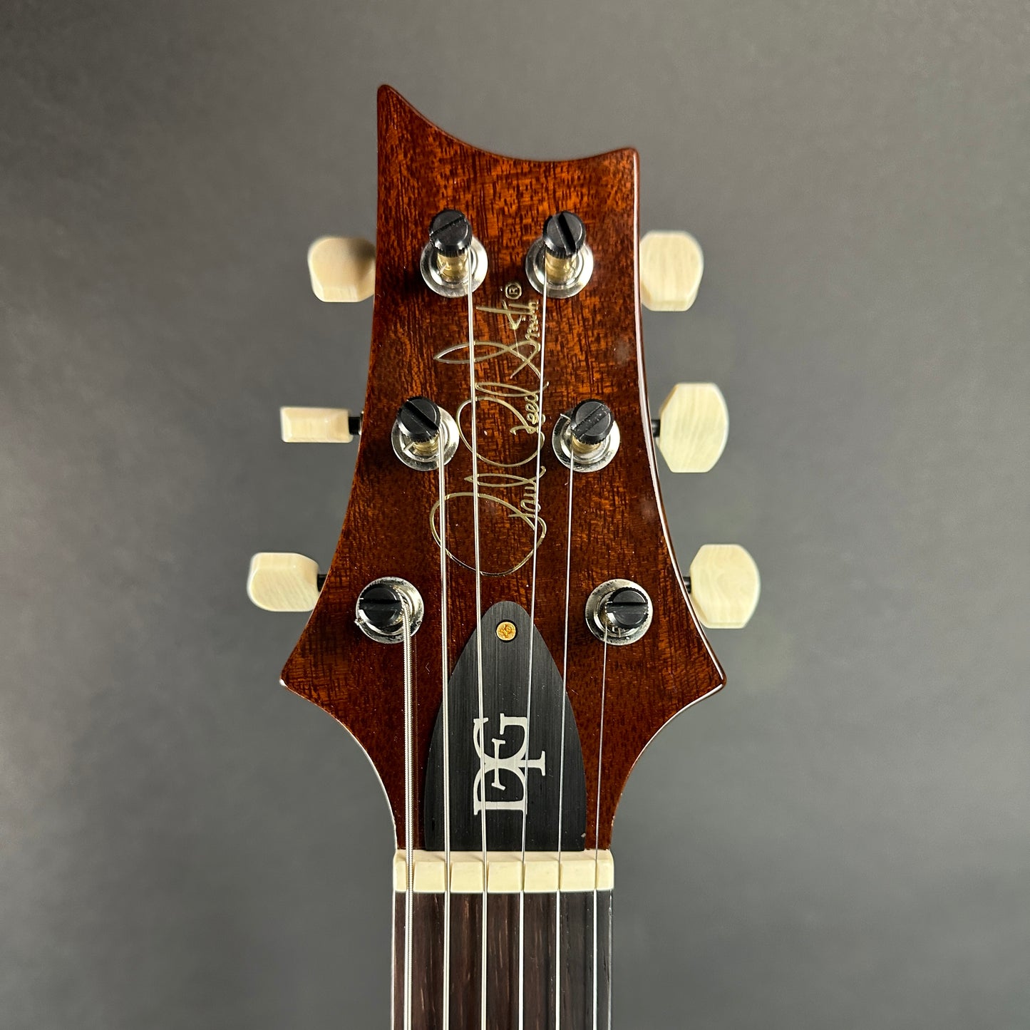 Front of headstock of Used PRS Wood Library DGT David Grissom Quilt Top Livingston Lemondrop Brazilian RW.