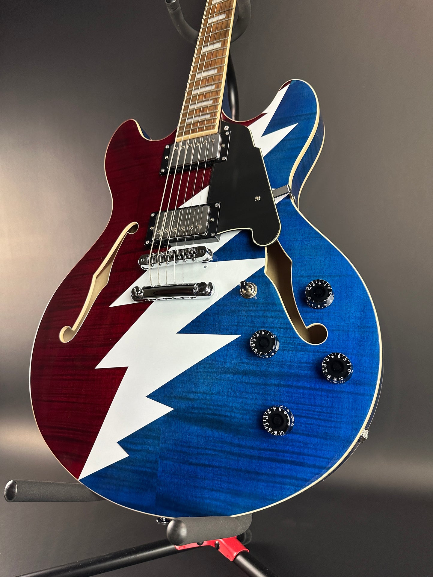 Front angle of Used D'Angelico Premier Grateful Dead DC Semi-Hollow.