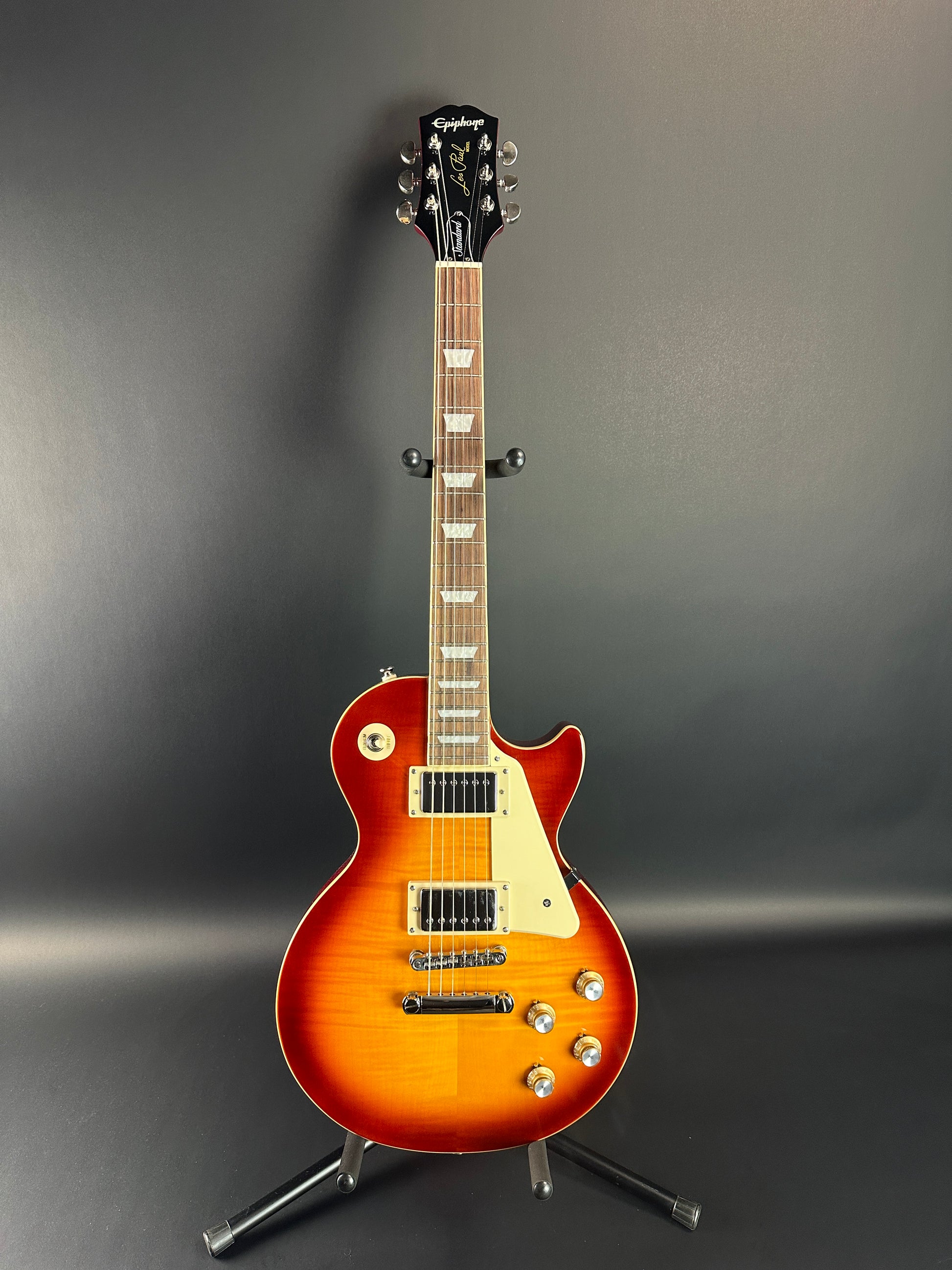 Full front of Used Epiphone Les Paul Standard Sunburst.