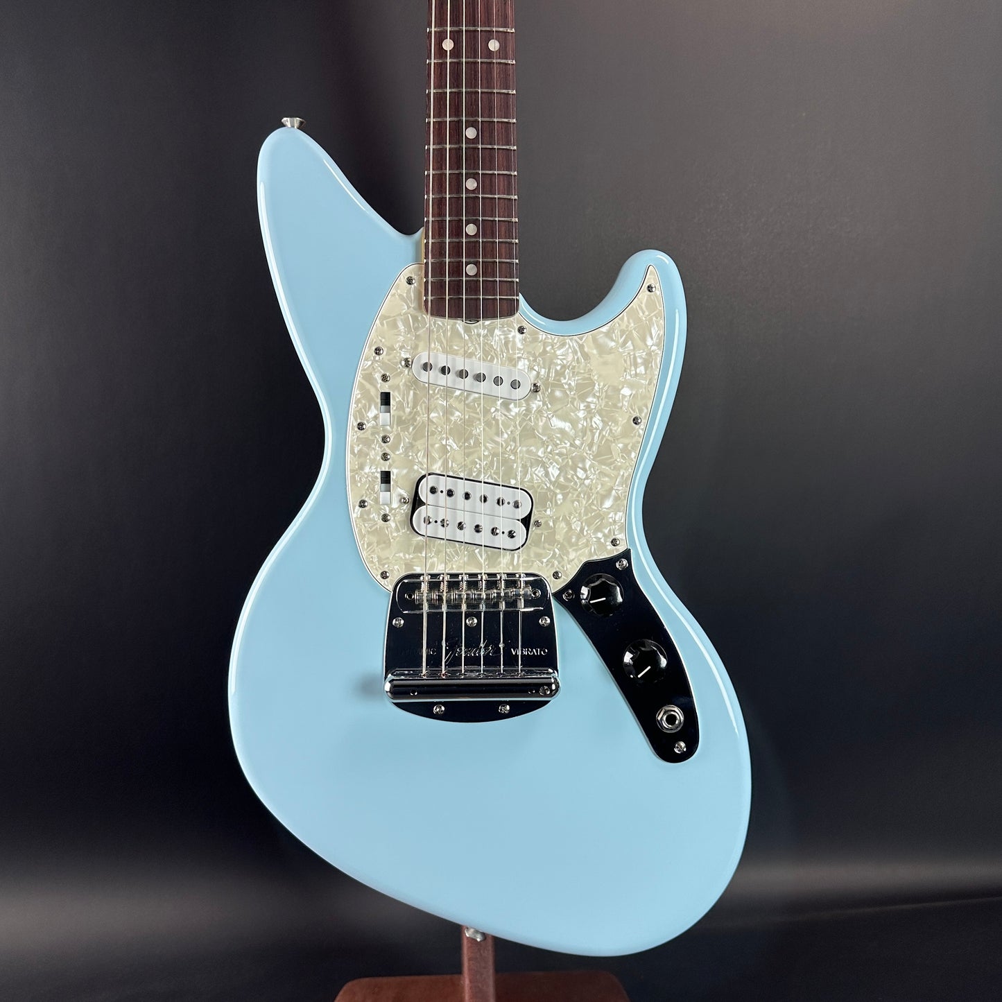 Front of Used Fender Kurt Cobain Jagstang RW Sonic Blue.