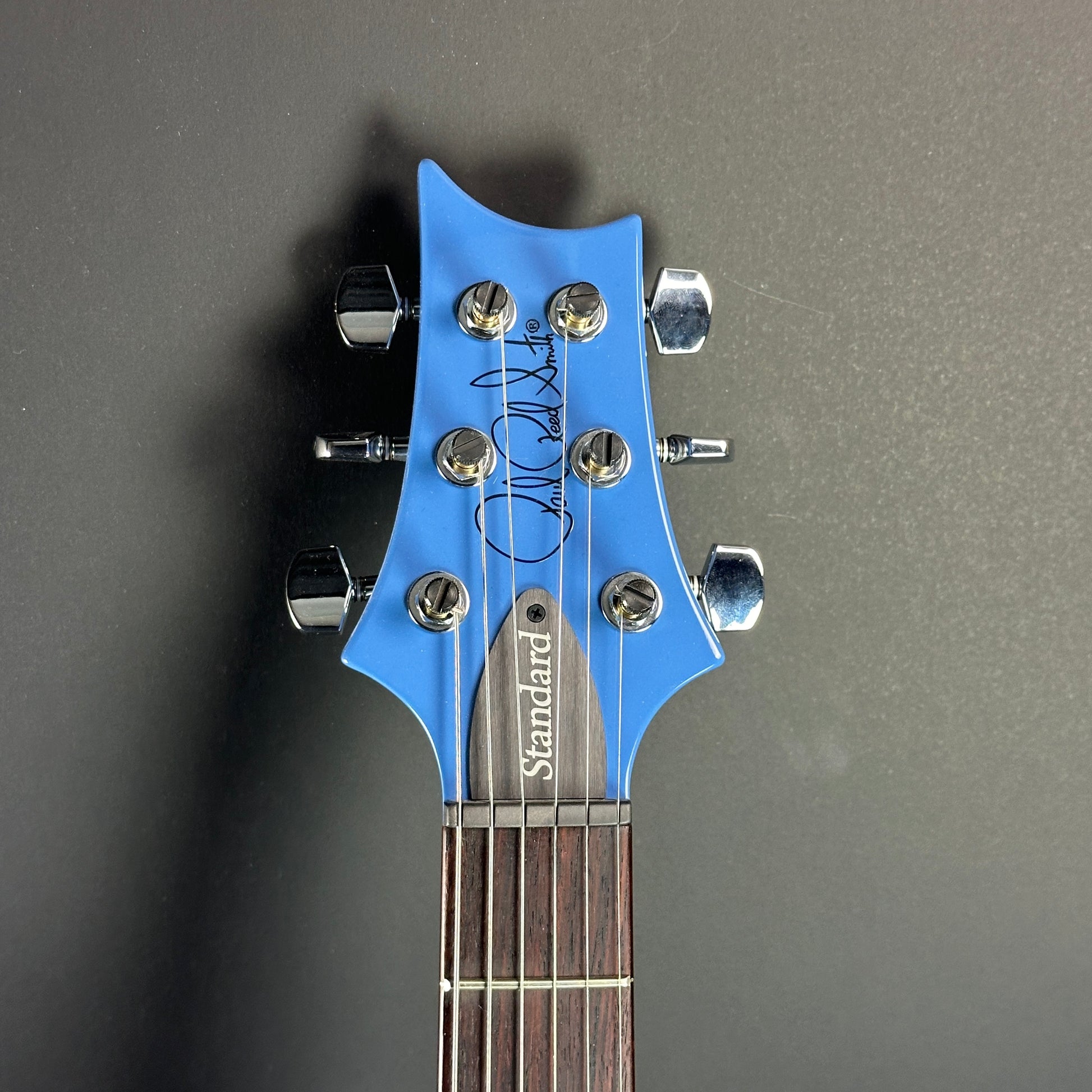 Front of headstock of Used PRS S2 Standard 24 Mahi Blue.