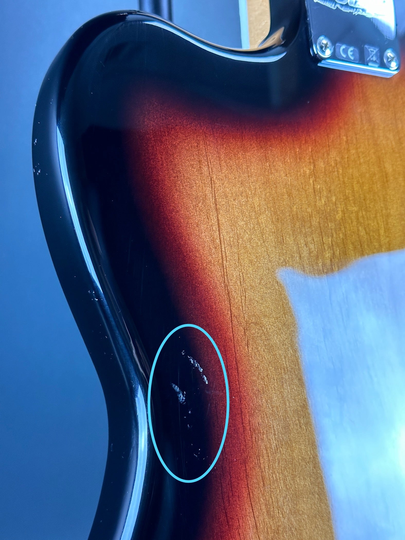 Mark on back of body of Used Fender Kurt Cobain Jaguar 3-Color Sunburst.