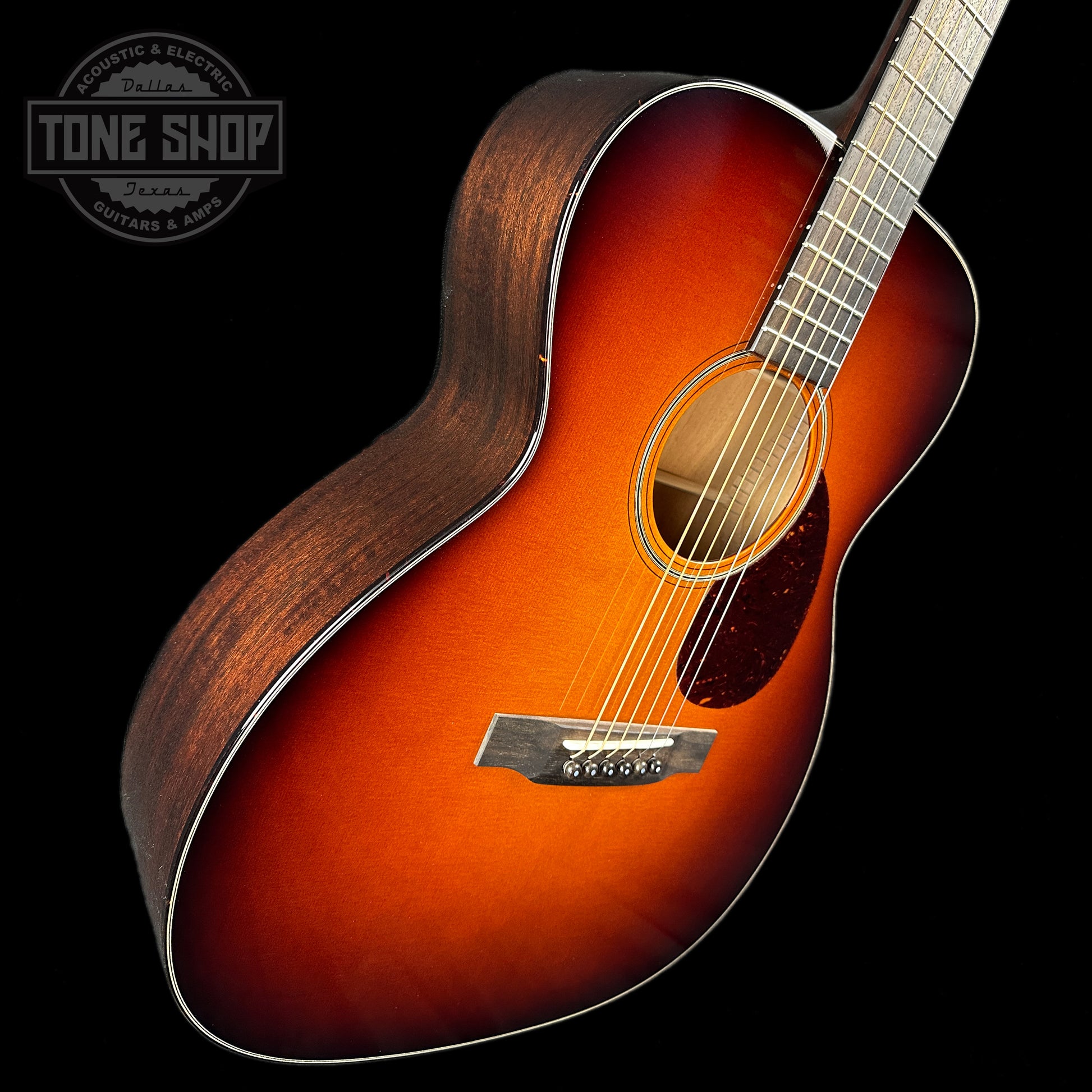 Front angle of OM1 Sunburst Sitka/Mahogany.