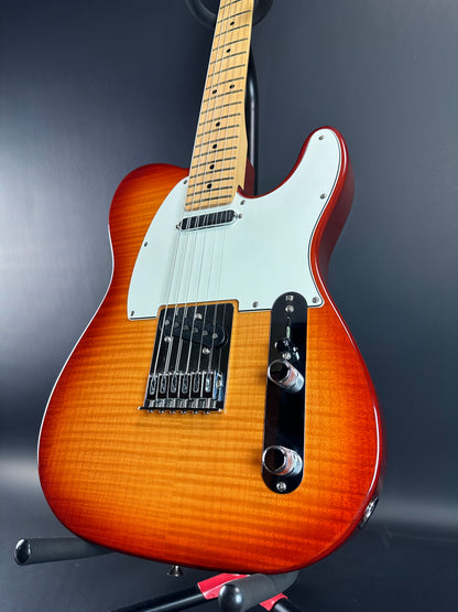 Front angle of Used Fender Player Telecaster Plus Top Sienna Burst.