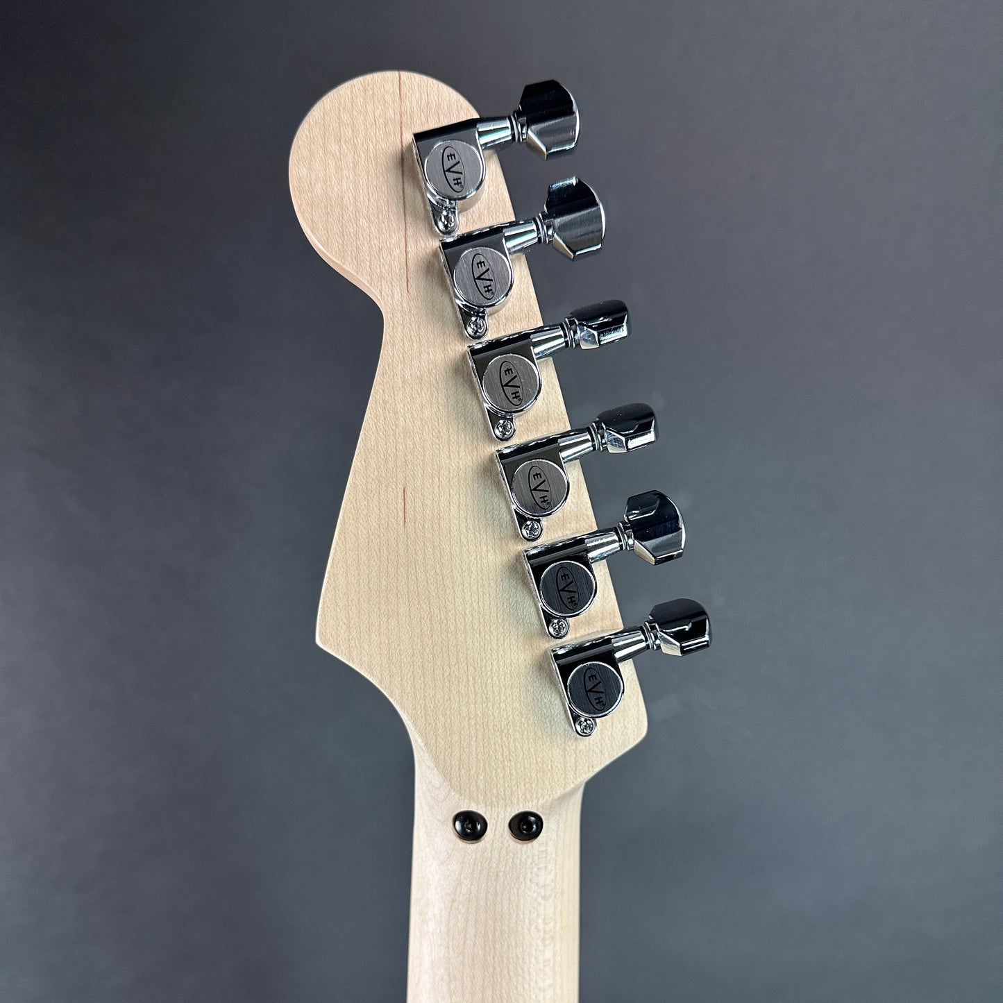 Back of headstock of Used EVH Striped Series Circles Satin.