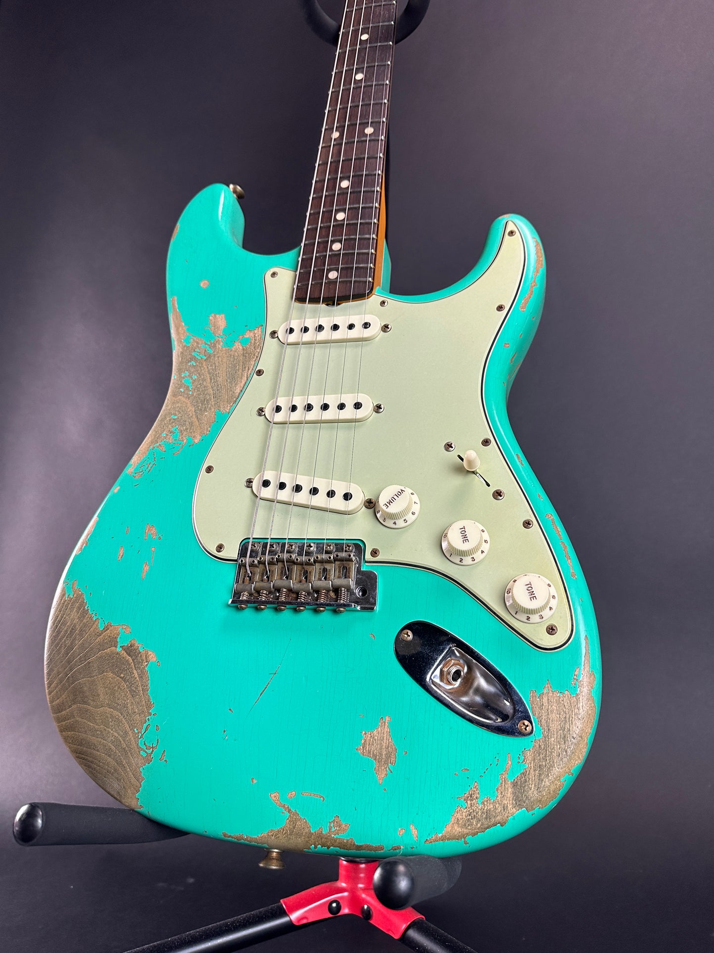 Front angle of Used Fender Custom Shop Dual Mag II Strat Relic Seafoam Green.