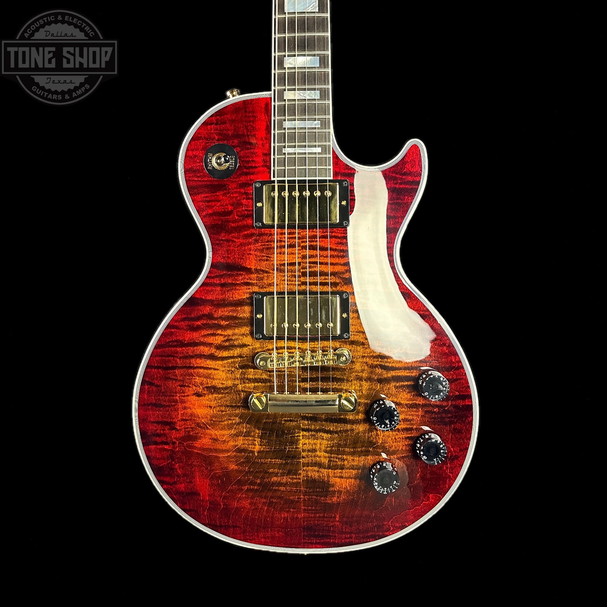 Front of body of Used Gibson Custom Shop Les Paul Axcess Custom Figured Top Bengal Burst.