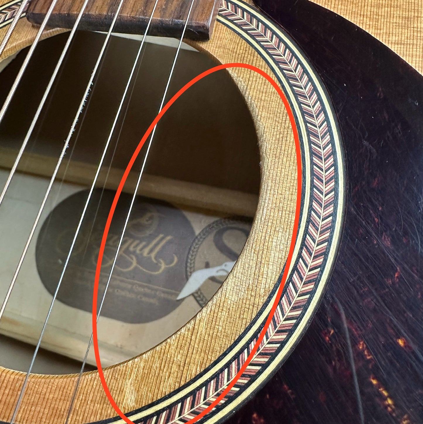 Damage around soundhole of Used Seagull S6+CW Natural.