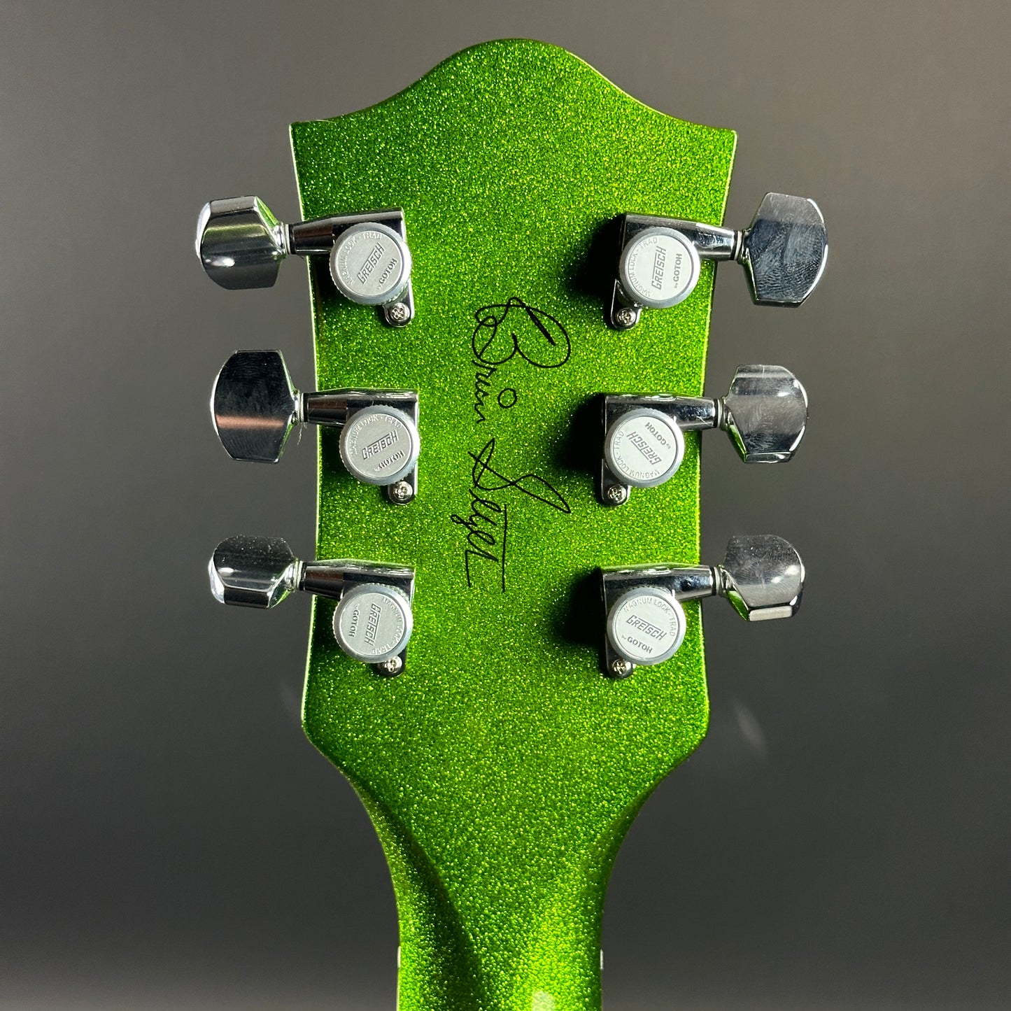 Back of headstock of Used Gretsch G6120T Brian Setzer Signature Hot Rod Extreme Coolant Green.