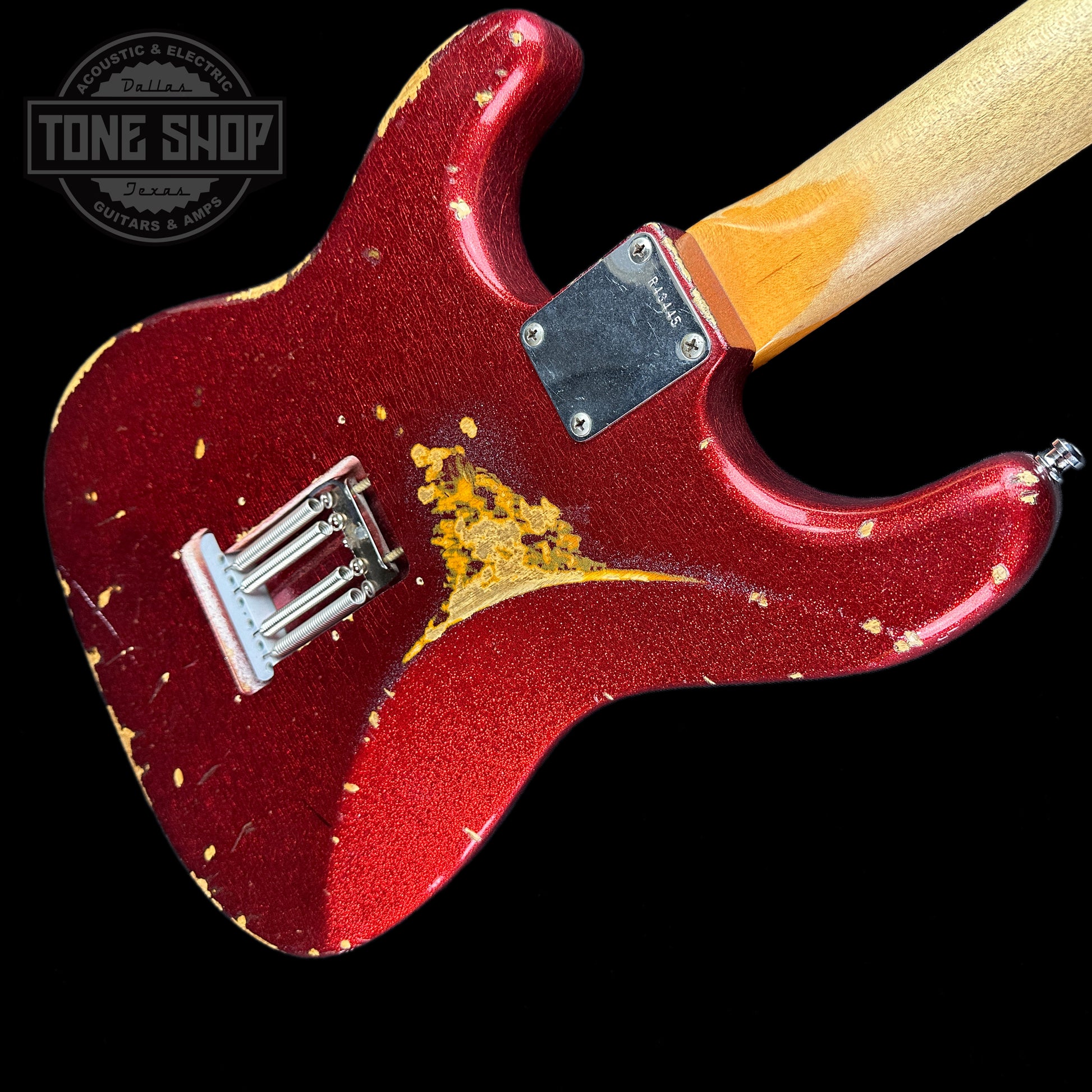 Back angle of Used Fender Custom Shop Jason Smith Masterbuilt Strat 60s Relic Red Sparkle.