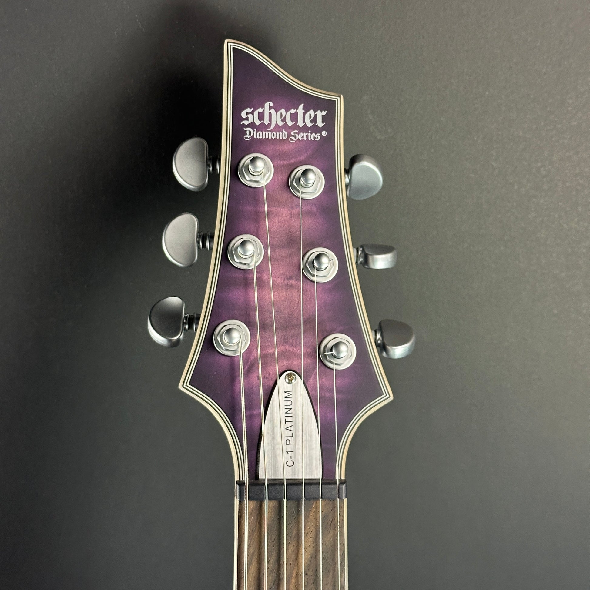 Front of headstock of Used Schecter C1 Platinum.