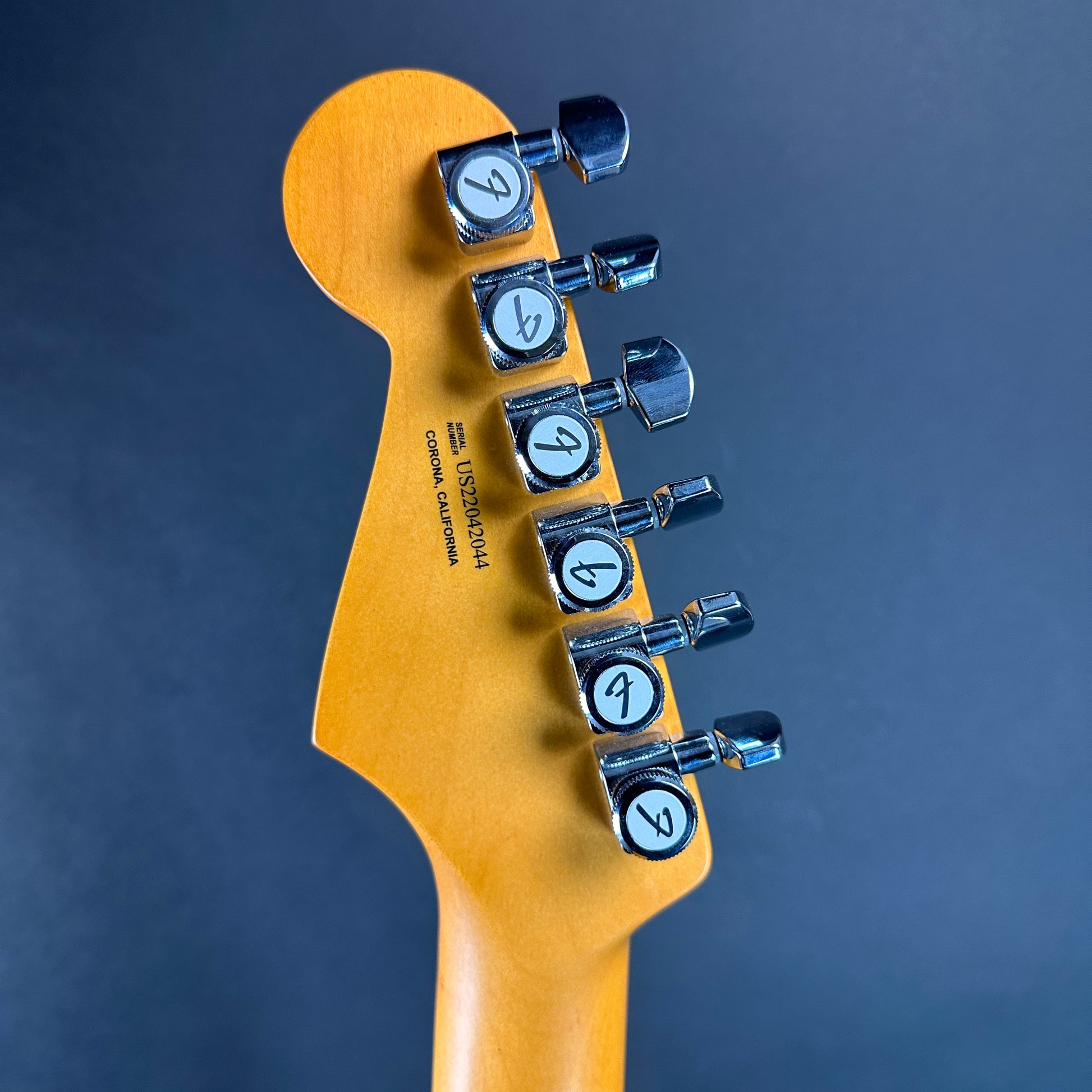 Back of headstock of Used 2022 Fender American Ultra Strat Ultraburst.