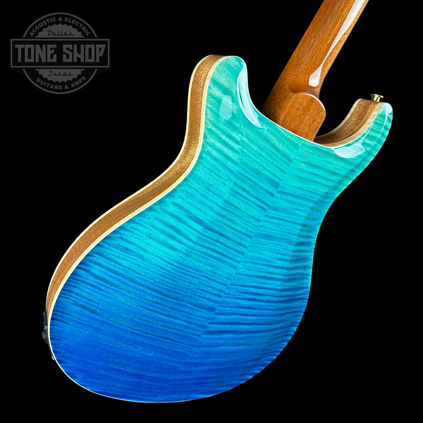 Back angle of PRS Wood Library Hollowbody II Piezo 10-top Blue Fade Braz RW.