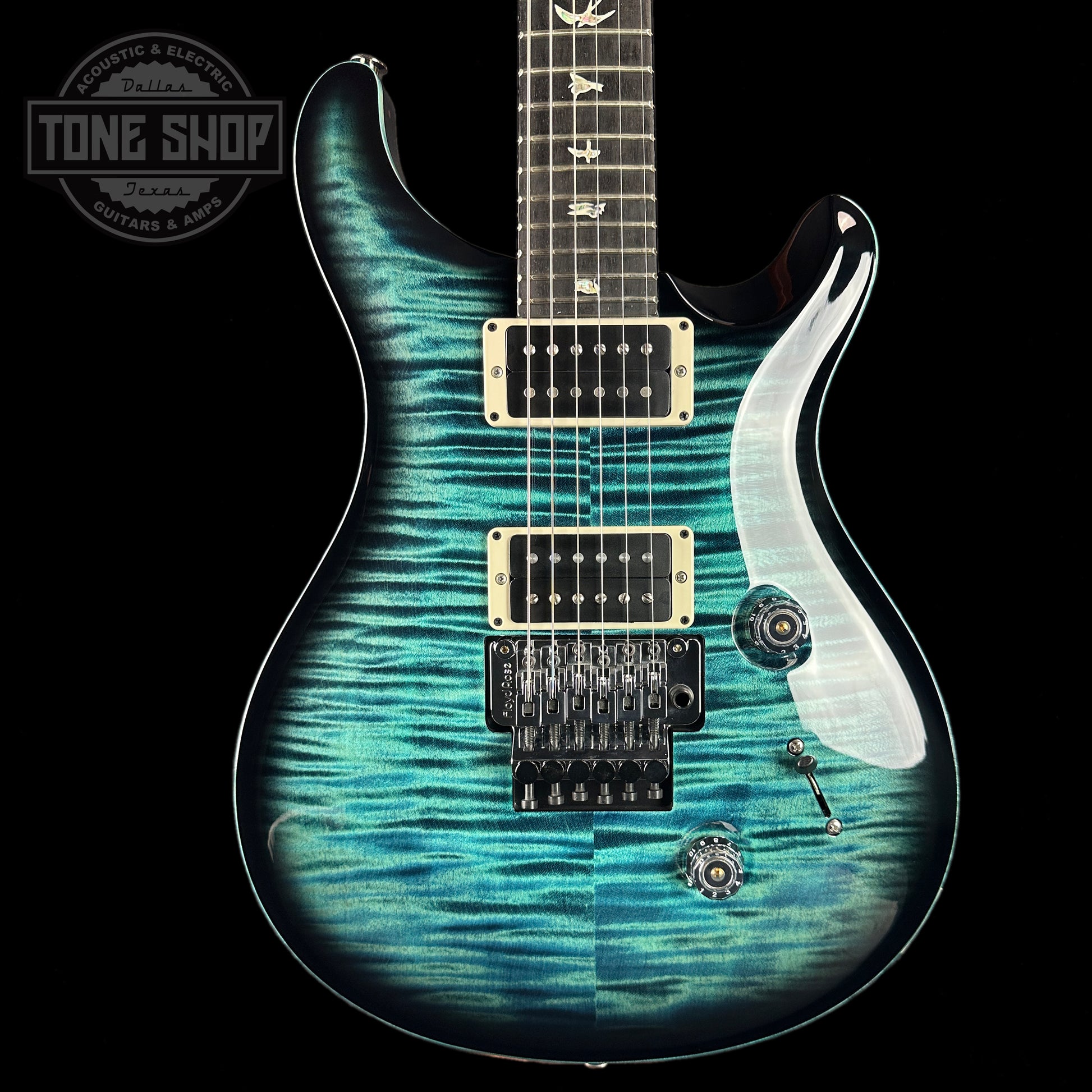 Front of PRS Custom 24 Floyd 10 Top Cobalt Smokeburst.