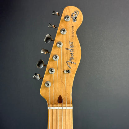 Front of headstock of Used Fender Brad Paisley Esquire Black Sparkle.