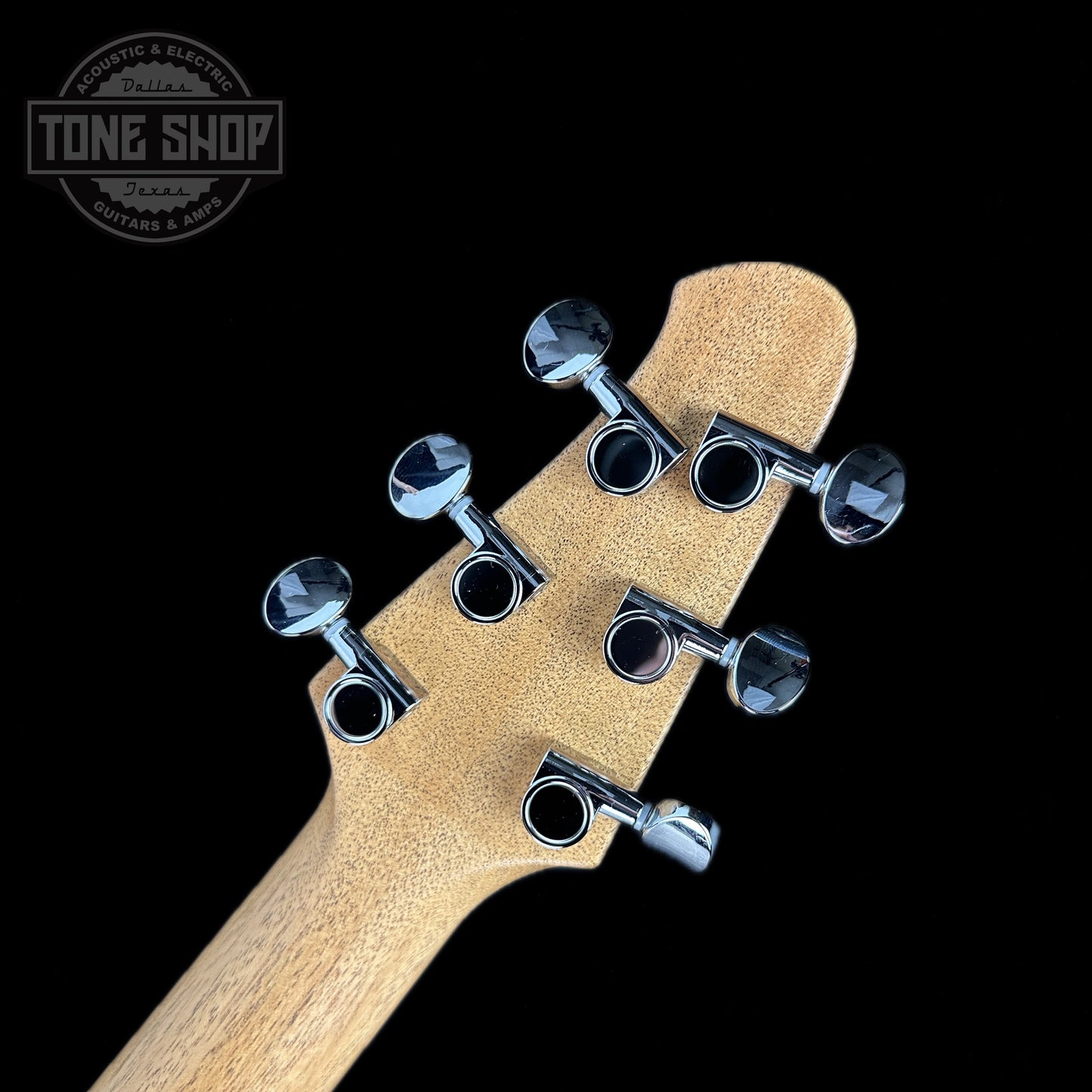 Back of headstock of Powers Electric A-Type Select Maple Twilight Blue PF42 Firestripe Ebony Cool.